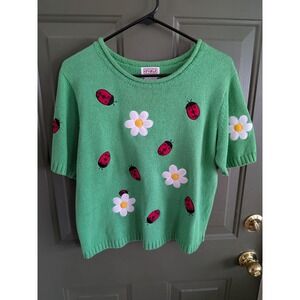 Vintage 90s Short Sleeve Roll Neck Sweater Green Ladybug Daisy Embroidered Small